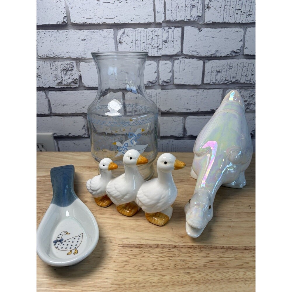 Vintage Goose Lot 4 Pcs Pitcher Spoon Rest Figurines Blue Ribbon Goose Geese